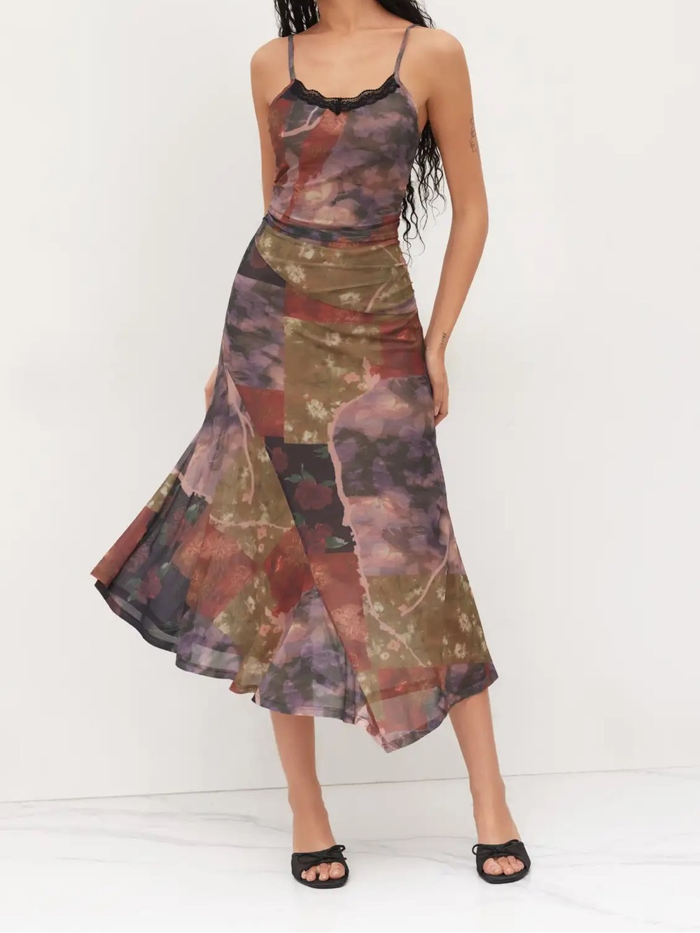 Cider Women’s Floral Mesh Patchwork Midi Slip Dress Sz Small Asymmetrical Ruched